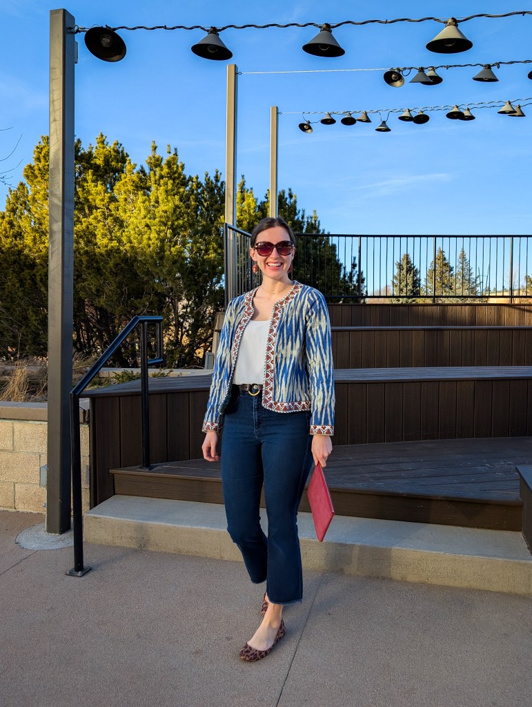 monthly recap ikat jacket dark wash jeans cropped flares leopard flats flower earrings