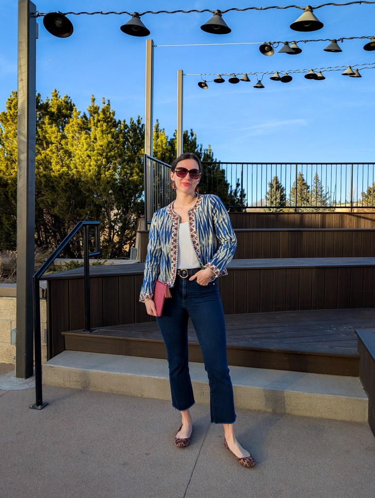 print mixing leopard flats ikat jacket thrifted fashion month in review