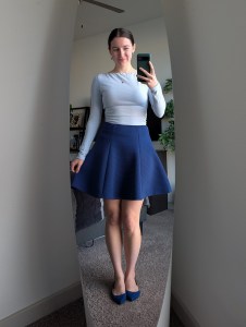OGL blue top monochrome outfit blue skirt blue flats