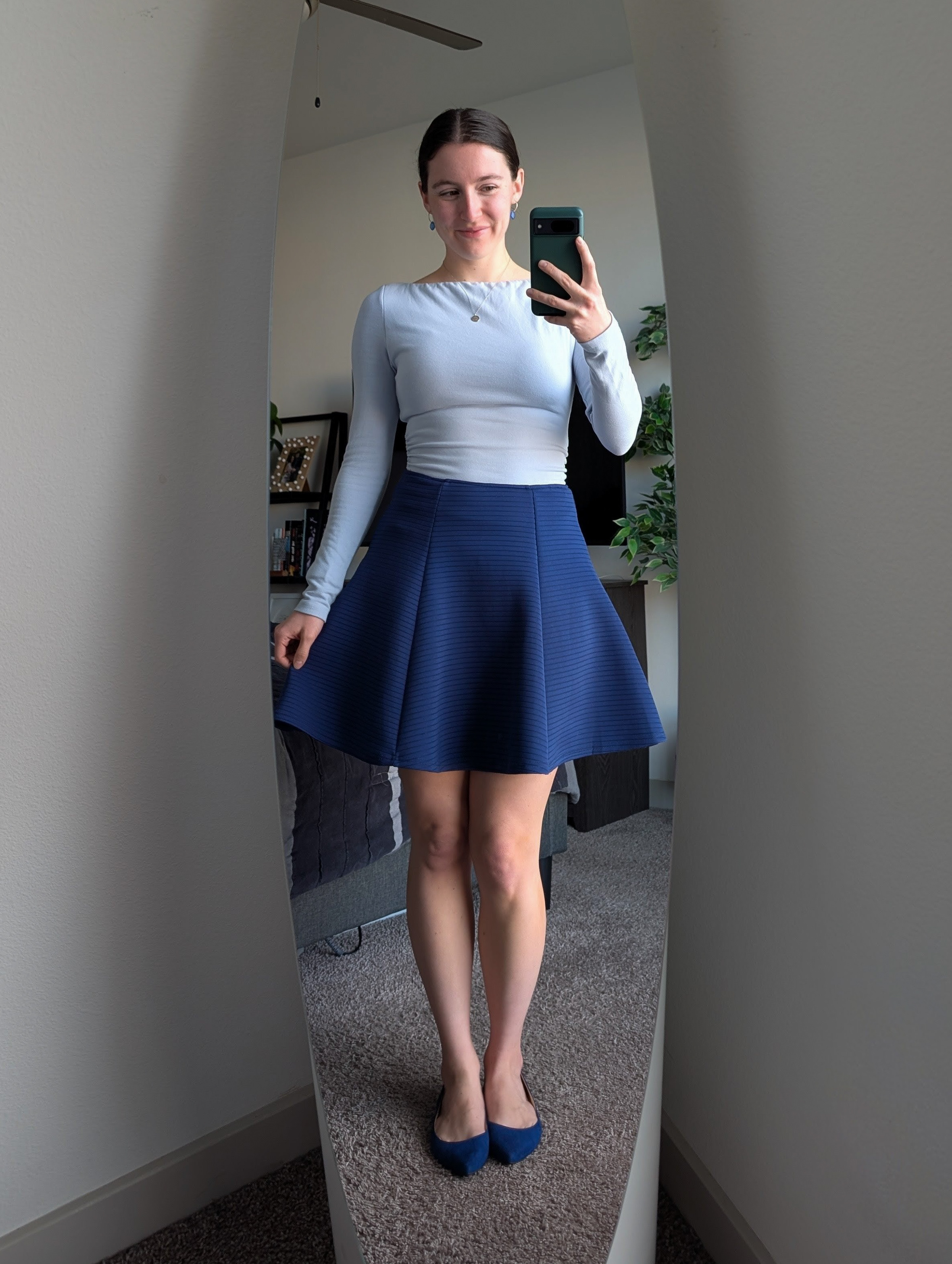 OGL blue top monochrome outfit blue skirt blue flats
