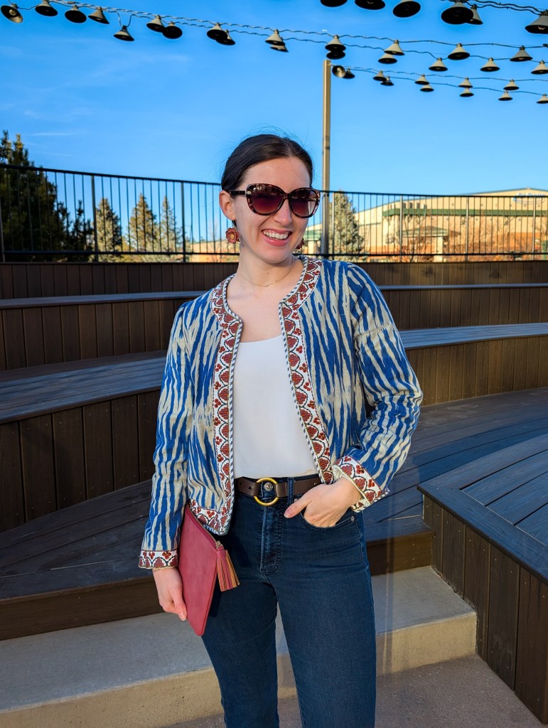 month in review monthly recap ikat printed jacket thrifted style cost per wear shopping your closet