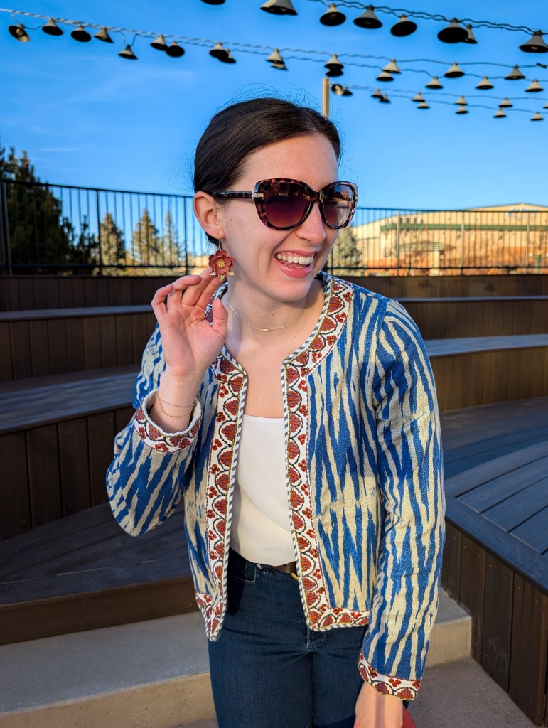 freckled wing earrings clay flowers printed jacket cropped flared jeans shopping your closet