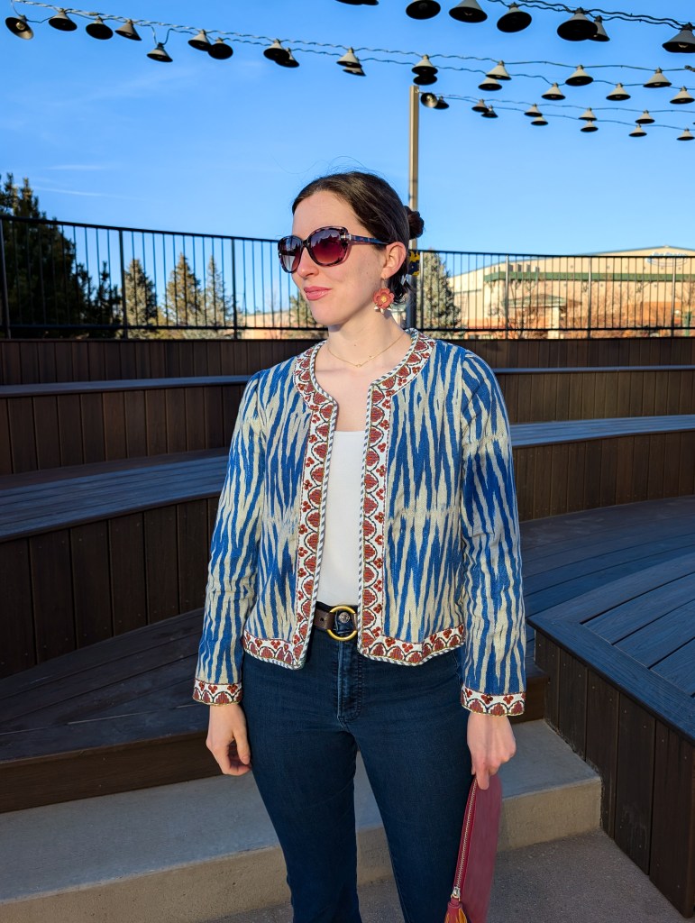 cost per wear month in review ikat jacket thrifted outfit secondhand style cabi belt
