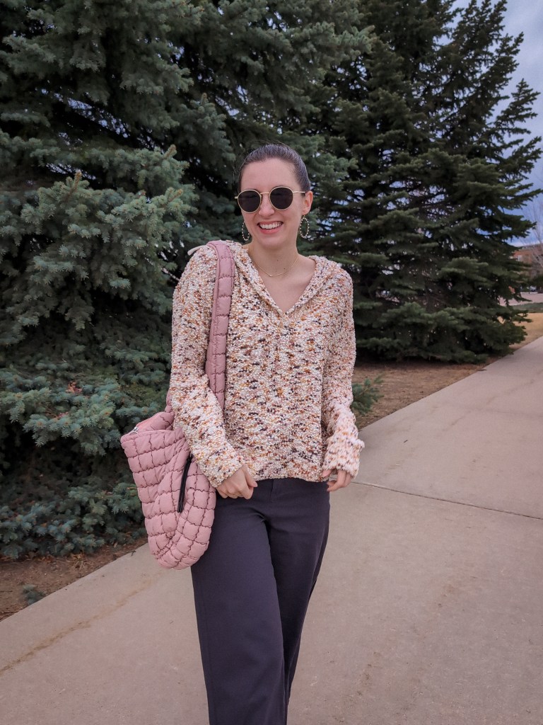 pink quilted bag hooded top retro sunglasses grey pants neutrals