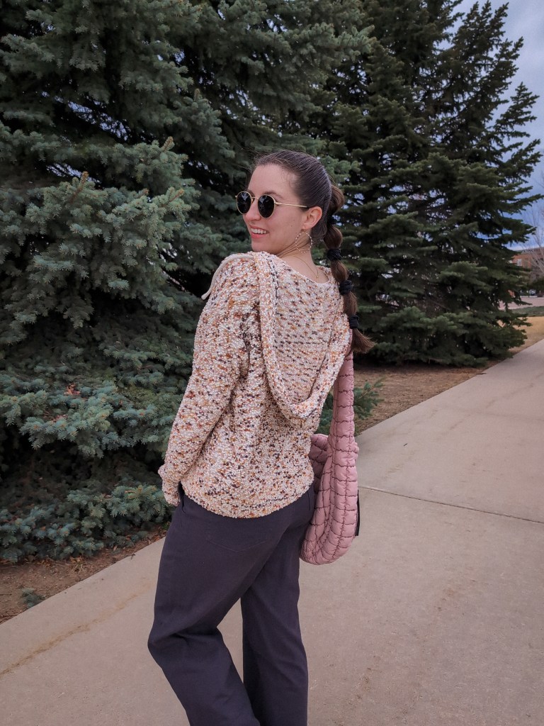 monthly recap month in review hooded top neutrals grey pants hoop earrings