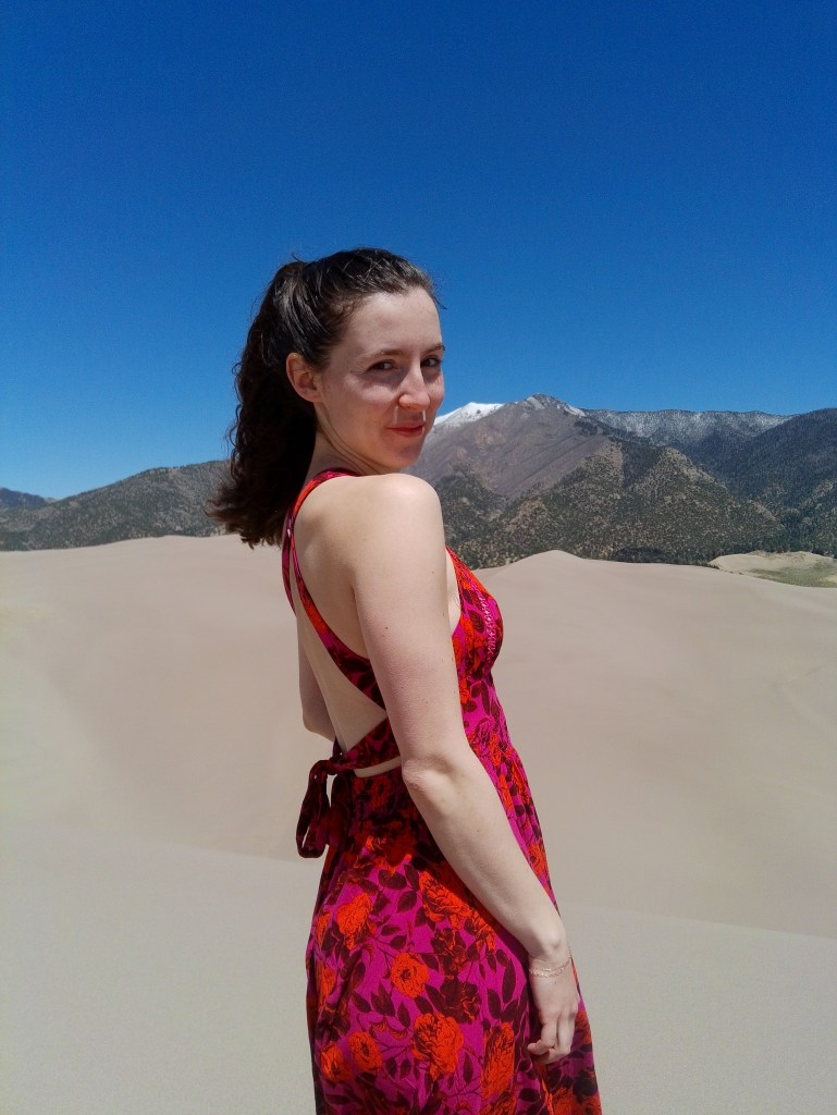 red floral maxi dress TJ Maxx finds Great Sand Dunes National Park colorful Colorado