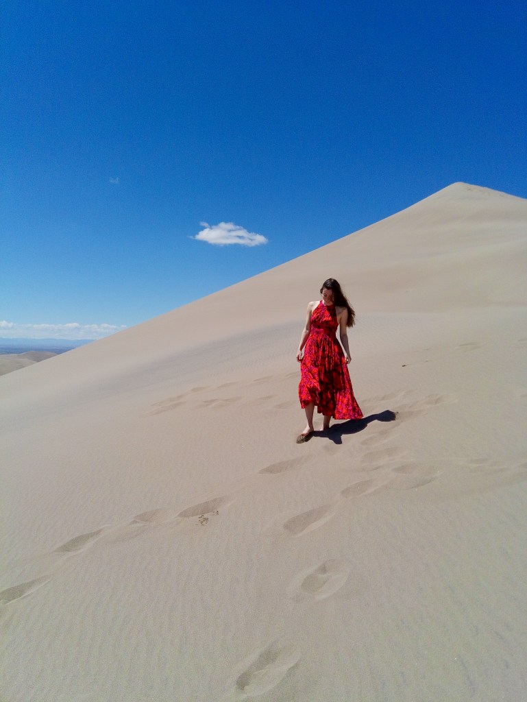floral red dress flying dress photoshoot sand dunes camping colorado maxi dress