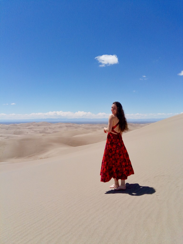 floral red dress flying dress photoshoot sand dunes camping colorado maxi dress