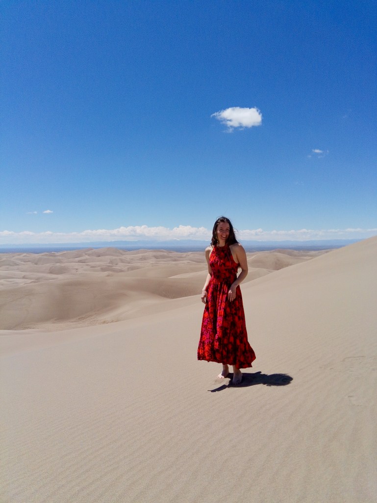 floral red dress flying dress photoshoot sand dunes camping colorado maxi dress
