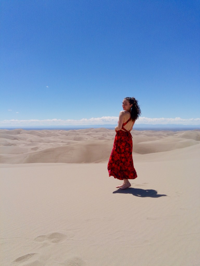 floral red dress flying dress photoshoot sand dunes camping colorado maxi dress