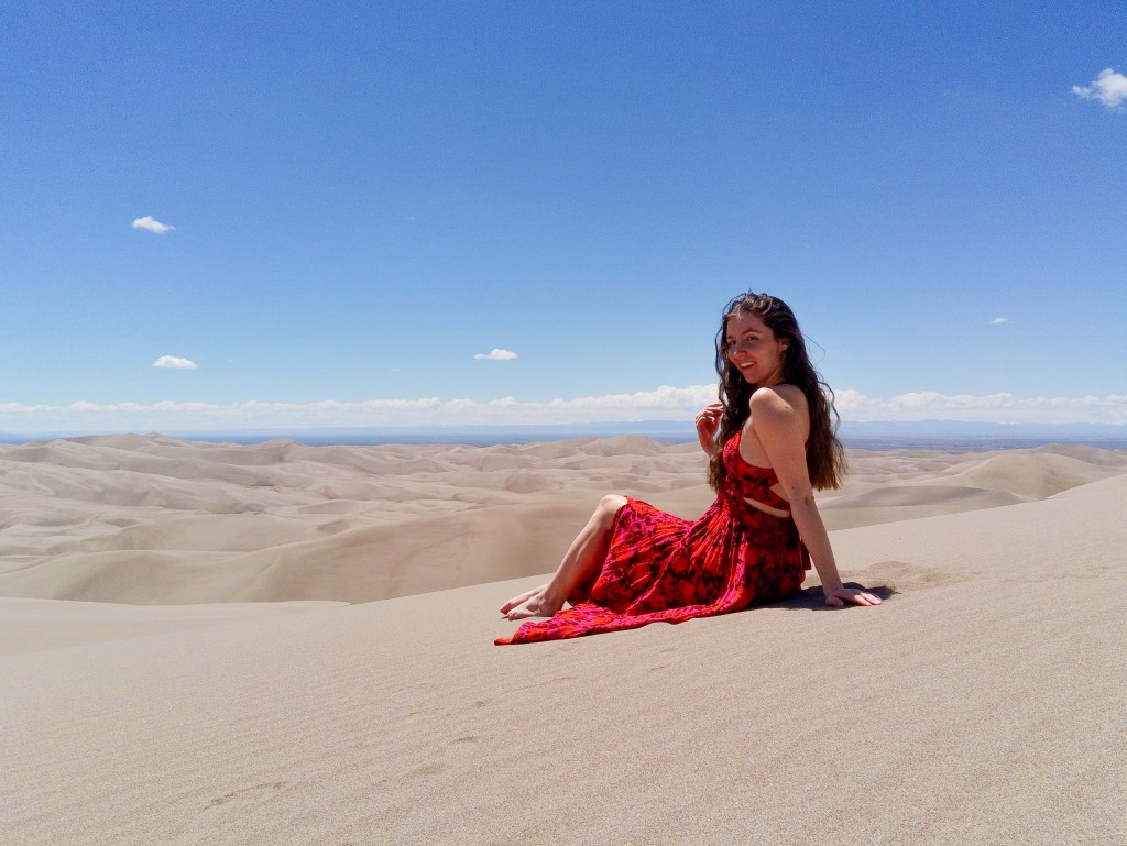 red floral maxi dress TJ Maxx finds Great Sand Dunes National Park colorful Colorado