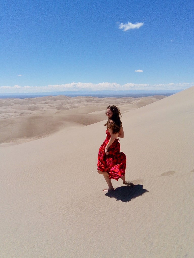 red floral maxi dress TJ Maxx finds Great Sand Dunes National Park colorful Colorado