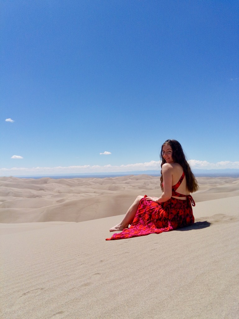 red floral maxi dress TJ Maxx finds Great Sand Dunes National Park colorful Colorado