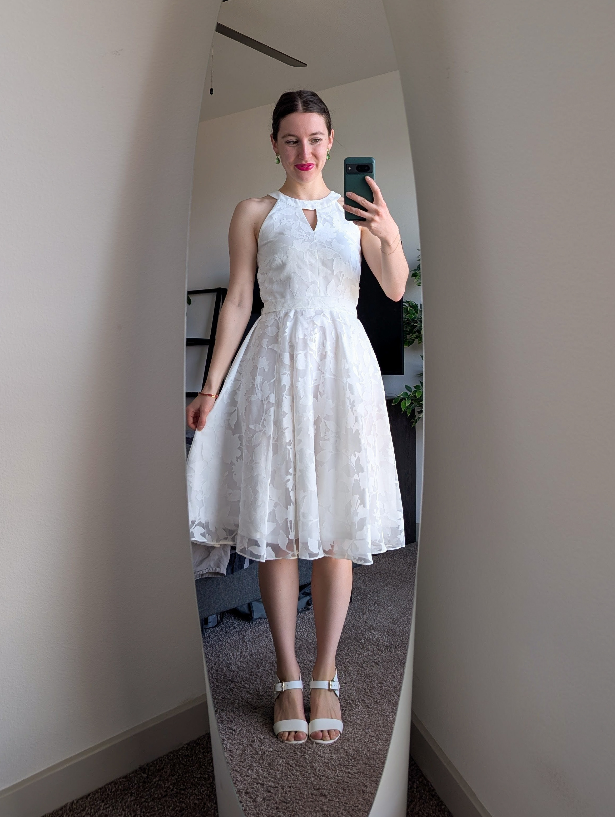white T-length dress Dress Barn Easter outfit pink lipstick spring bridal outfit