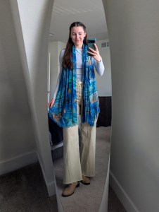 river inspired outfit blue scarf hand me down beige pants lace-up front blue OGL top