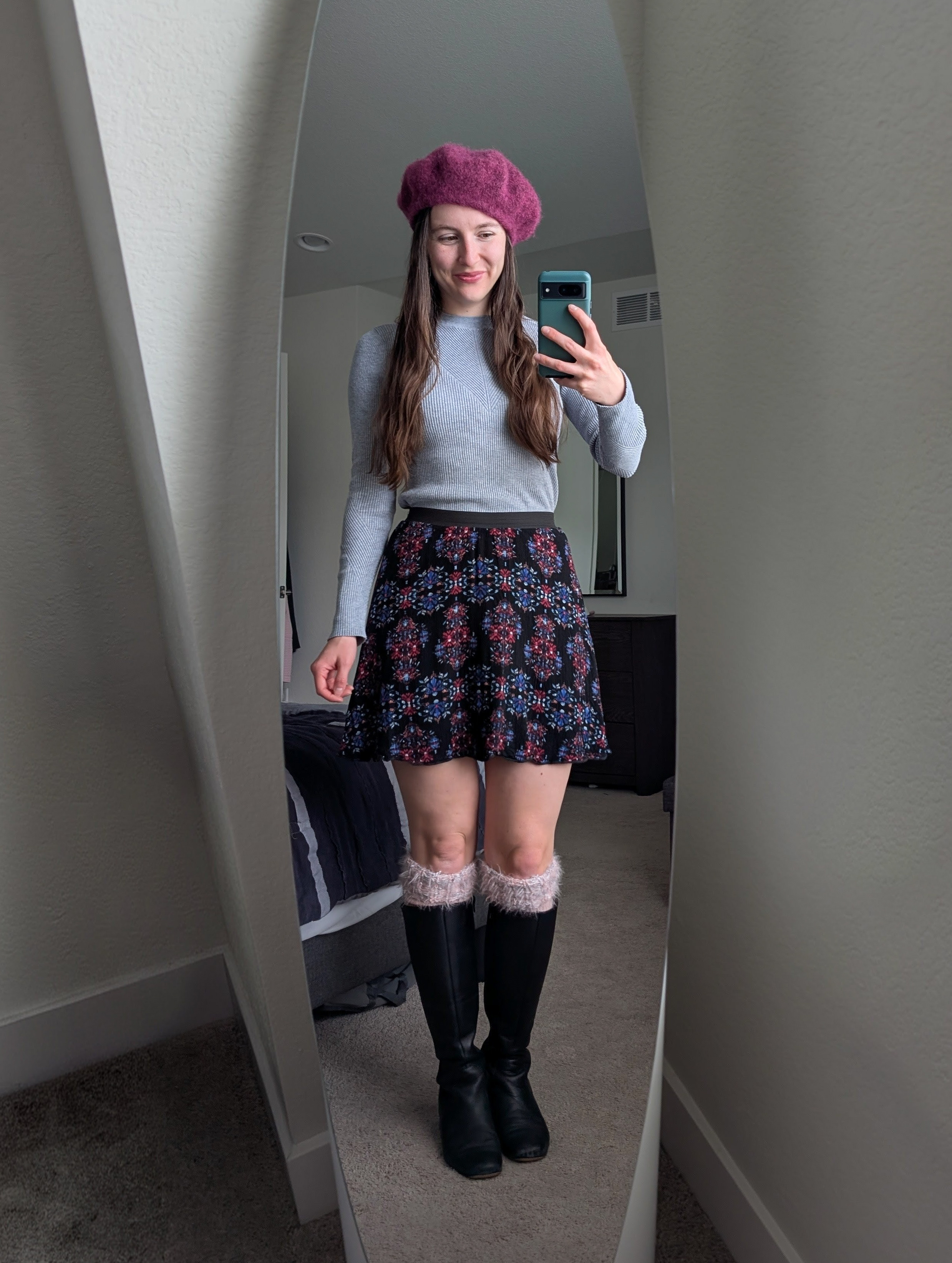 printed skirt grey ribbed sweater pink beret wool hat knee boots winter outfit