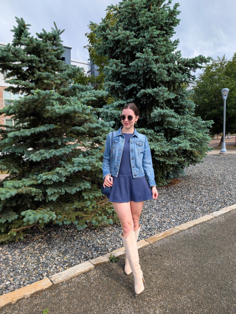month in review monthly recap polka dot mini dress navy blue kate spade purse