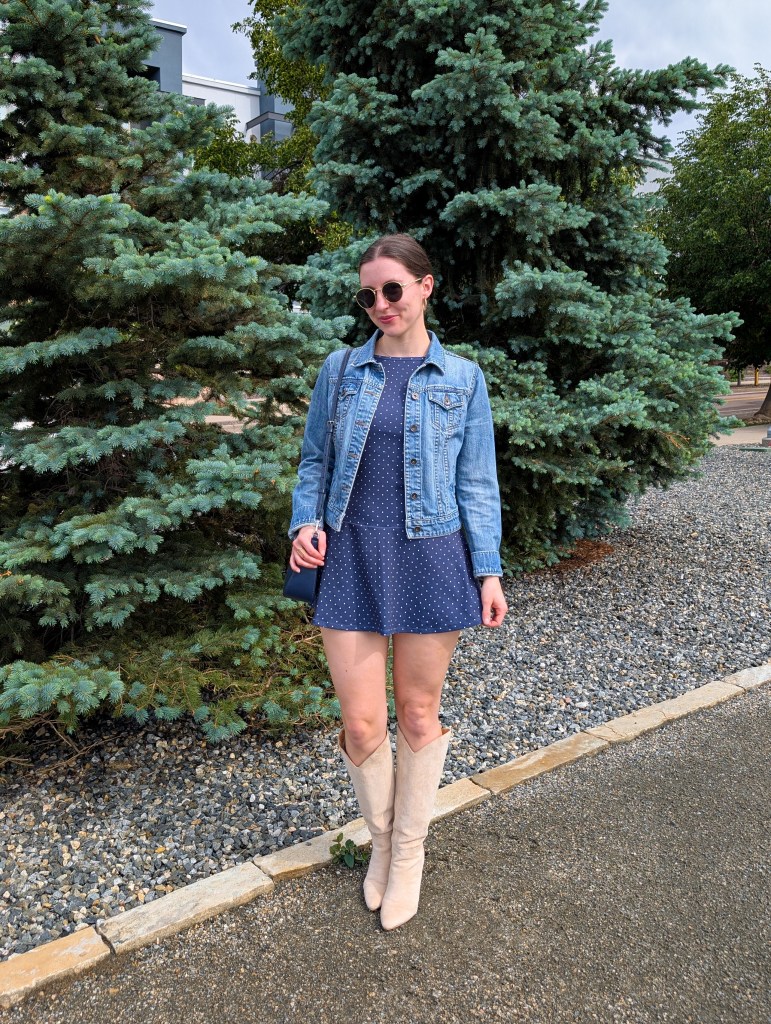 polka dot mini dress jean jacket Bobbles and Lace Boulder cost per wear beige knee boots