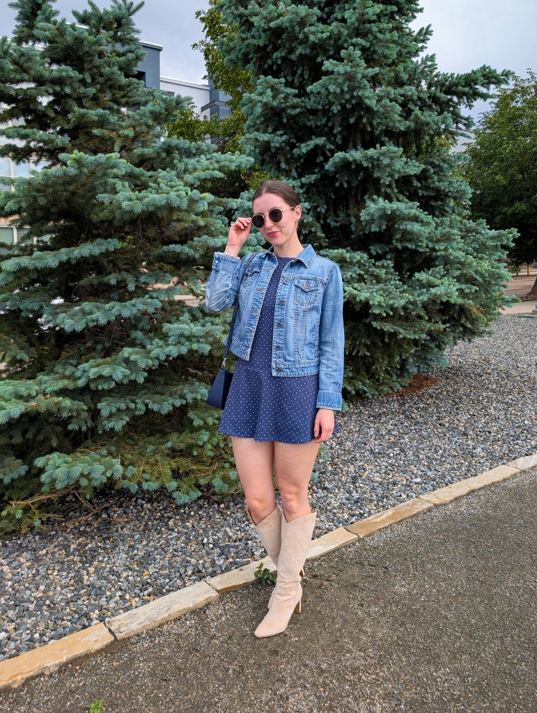 denim jacket polka dot dress month in review cost per wear beige boots
