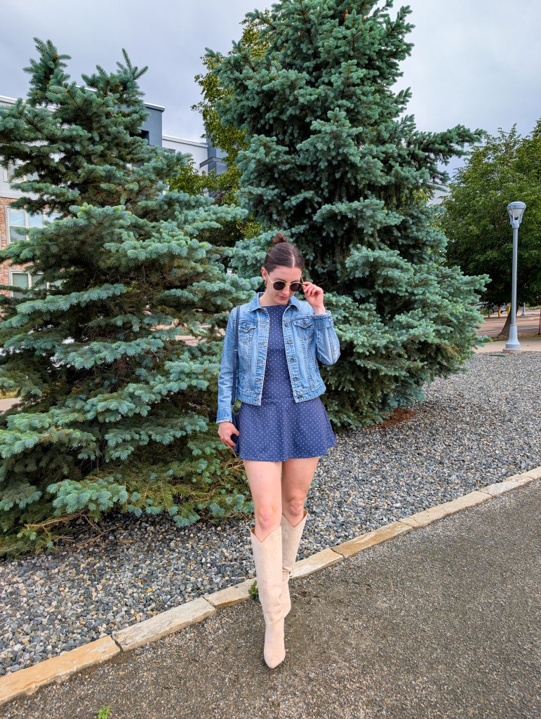 month in review monthly recap navy polka dot dress denim jacket retro sunglasses