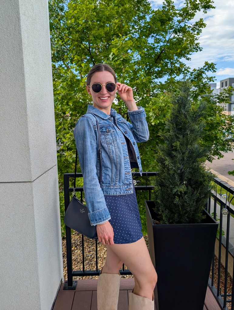 denim jacket polka dot dress summer style Kate Spade purse month in review