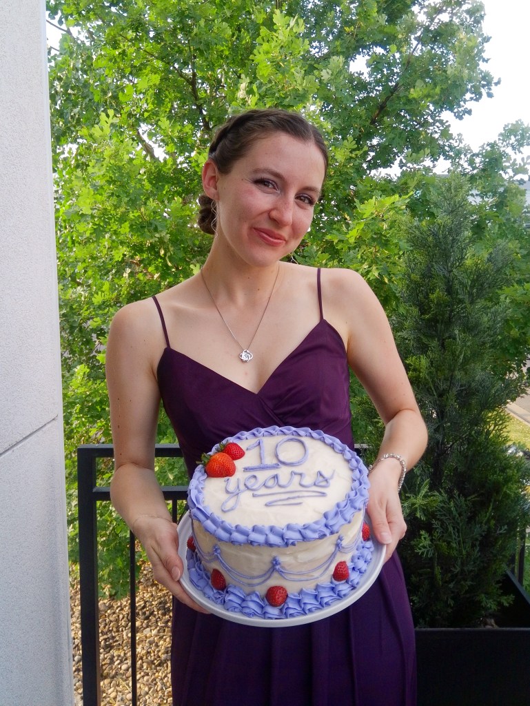 cost per wear 10 years of blogging purple dress silver pendant purple cake with strawberries homemade gluten-free