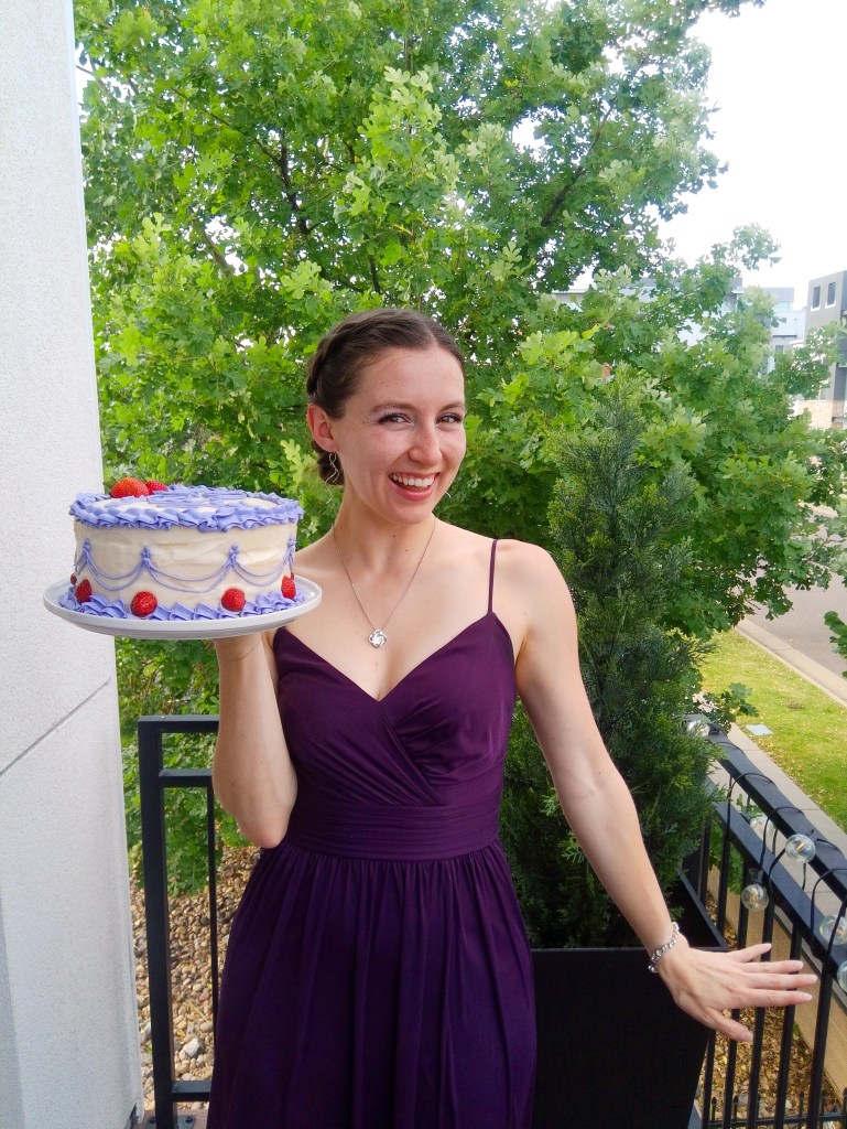 purple bridesmaid dress homemade cake moissanite pendant necklace spiral earrings
