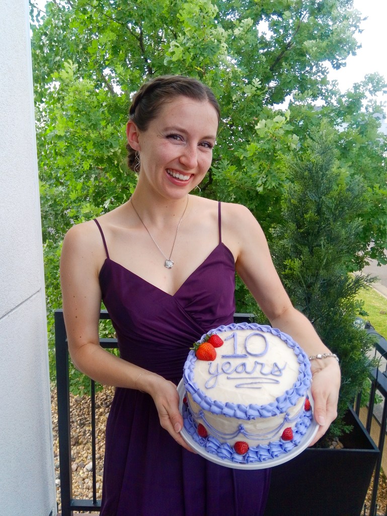 10 year blog anniversary celebratory cake home-made dark purple bridesmaid dress pendant necklace
