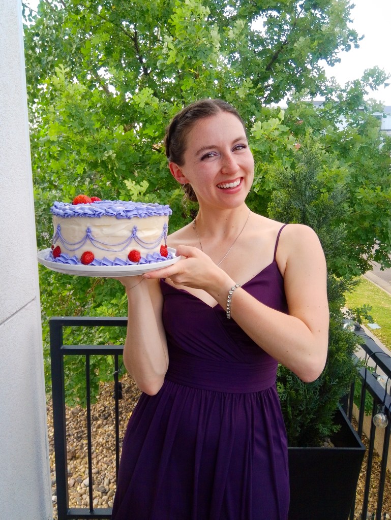 decorative vintage cake, purple bridesmaid dress blog anniversary David's Bridal sparkly accessories