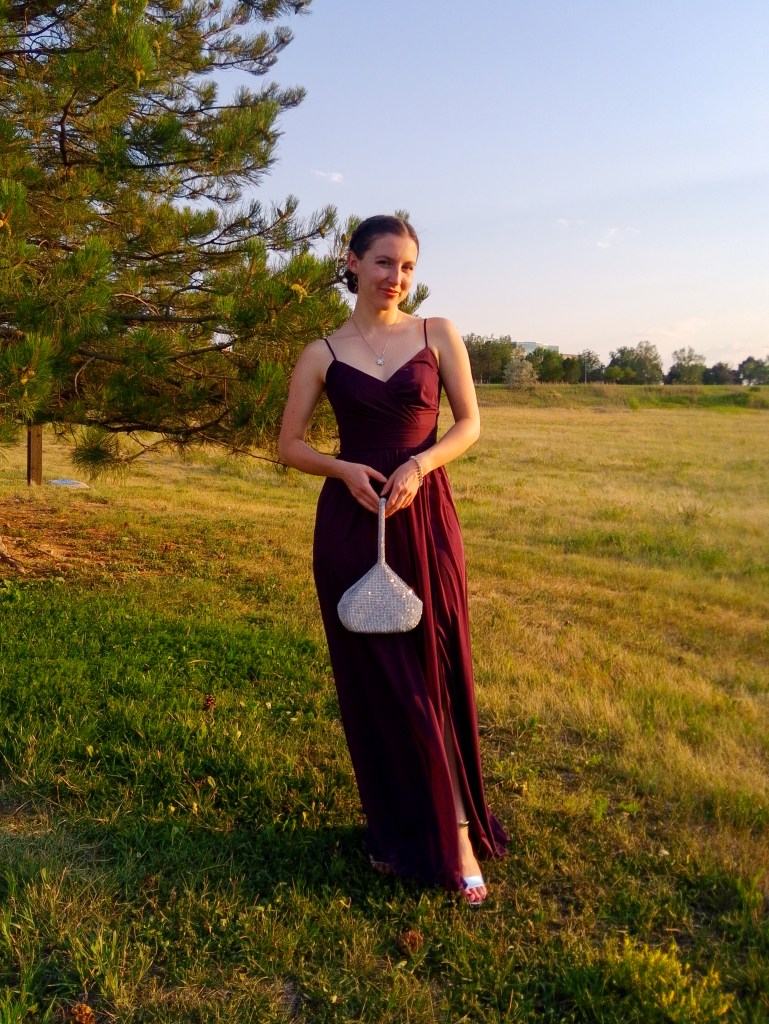 silver purse DSW purple bridesmaid dress David's Bridal sunset photos silver heels