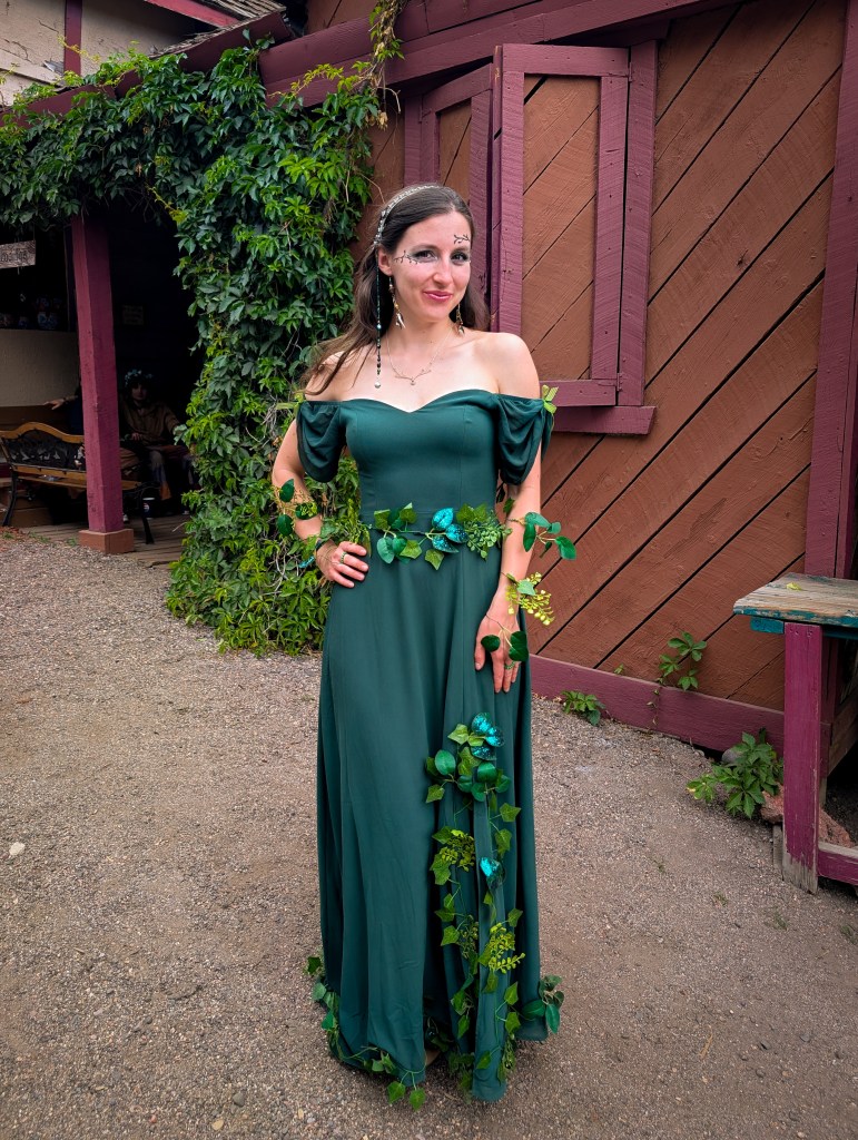 green bridesmaid dress leaves glittery DIY costume Colorado Renaissance Festival