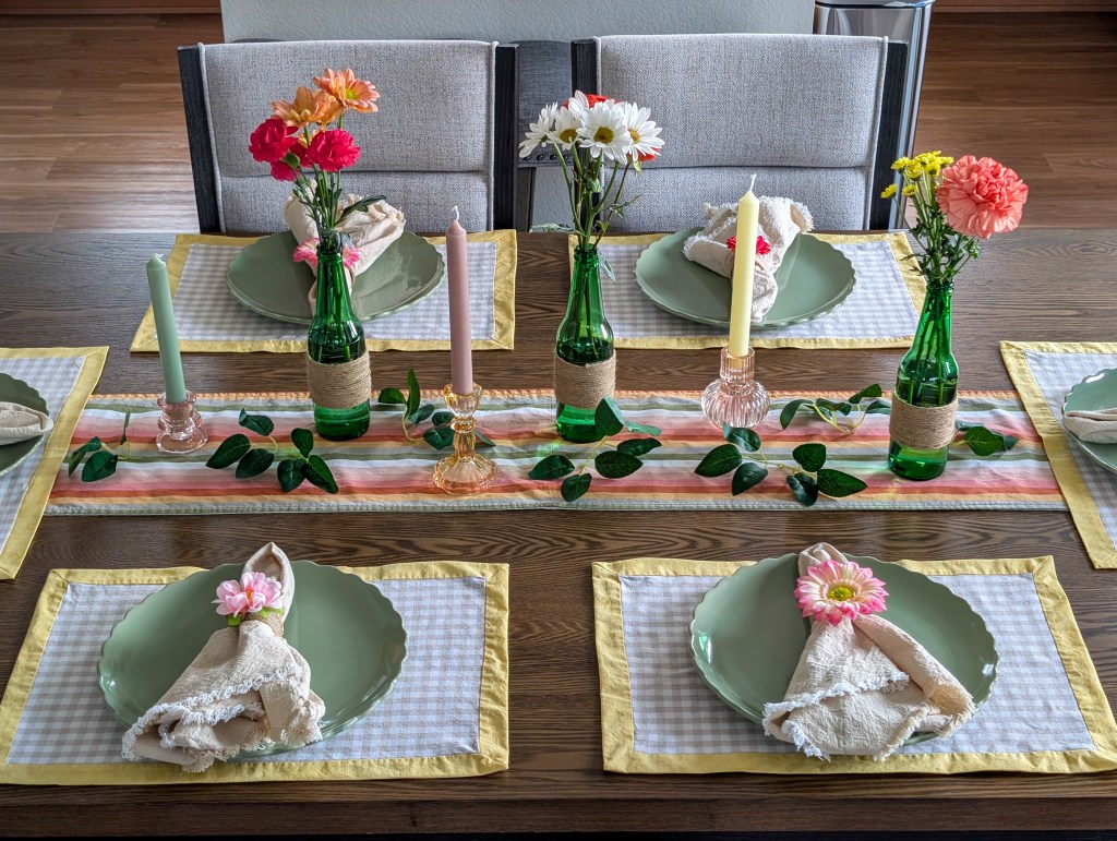 summer brunch party DIY table setting hand-sewn placemats floral napkin rings