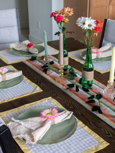 rainbow striped table runner handmade DIY floral centerpiece candlesticks