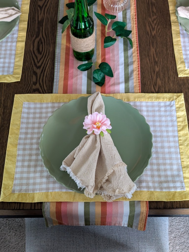 homemade summer tablescape handmade floral napkin rings Hobby Lobby hand-sewn table placemats