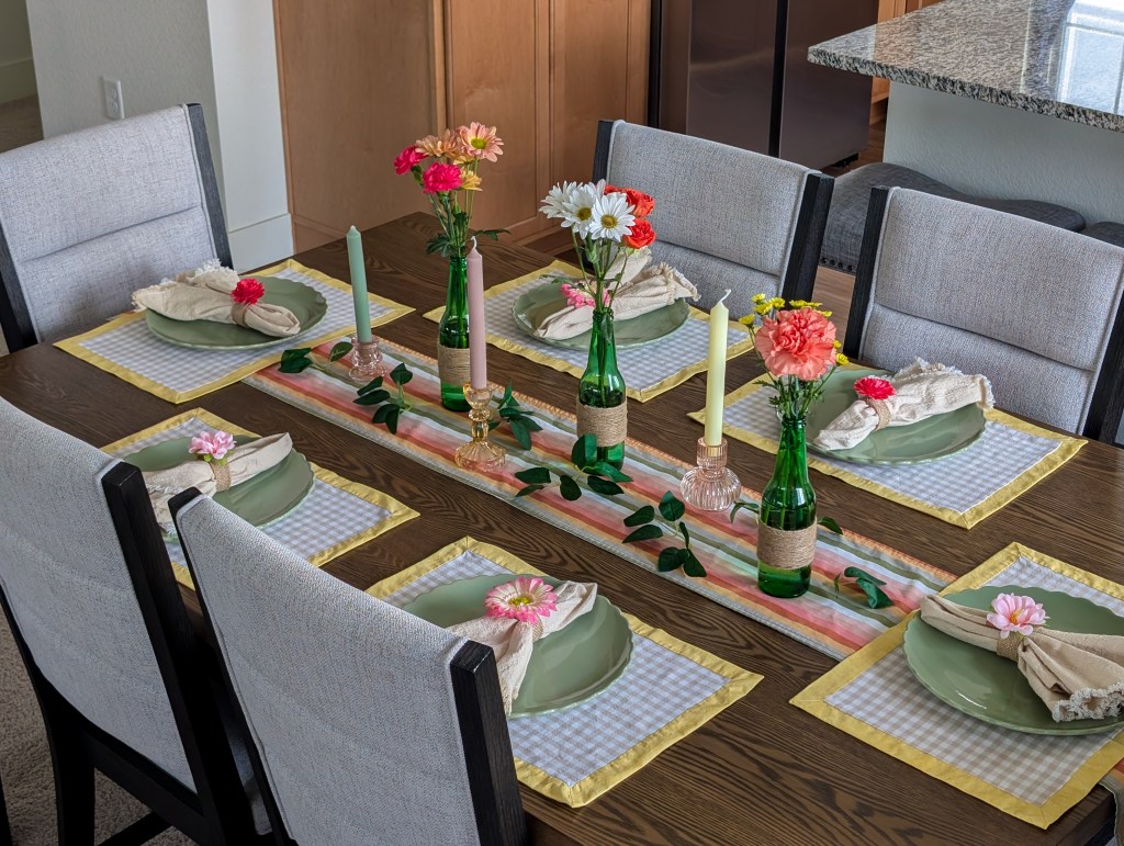 hand-sewn striped table runner summer table scape handmade vases