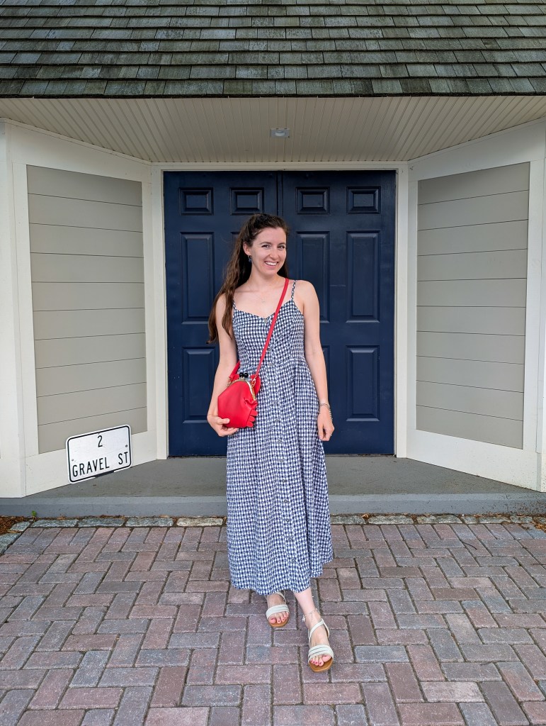navy gingham maxi dress secondhand style white sandals anklet red crab purse
