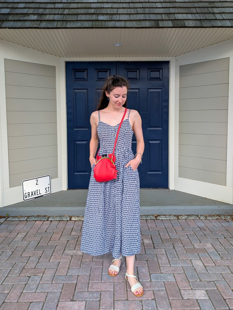 casual summer style navy gingham maxi dress month in review