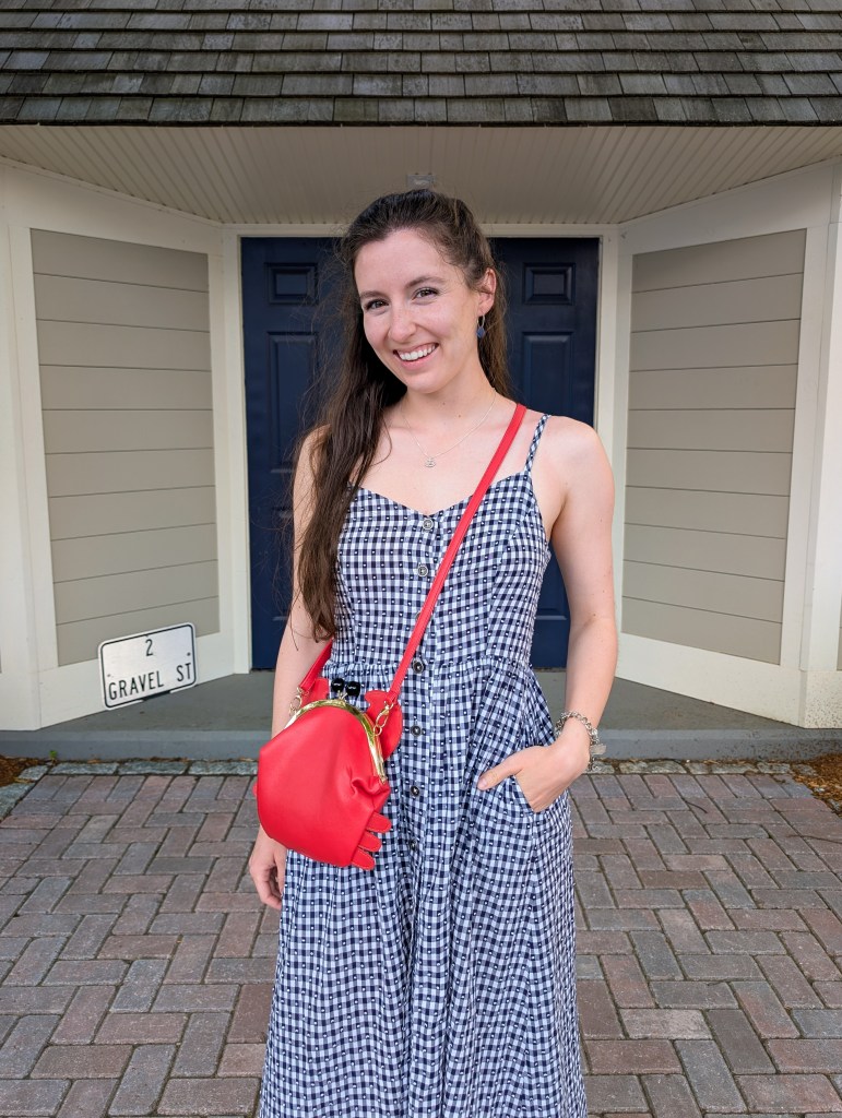 navy gingham dress thrifted fashion secondhand style month in review