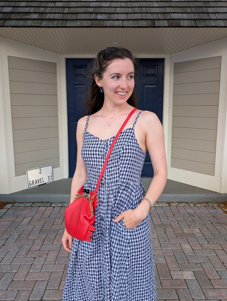 monthly recap red crab purse navy gingham maxi dress