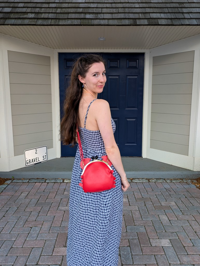 thrifted fashion secondhand style gingham dress red purse