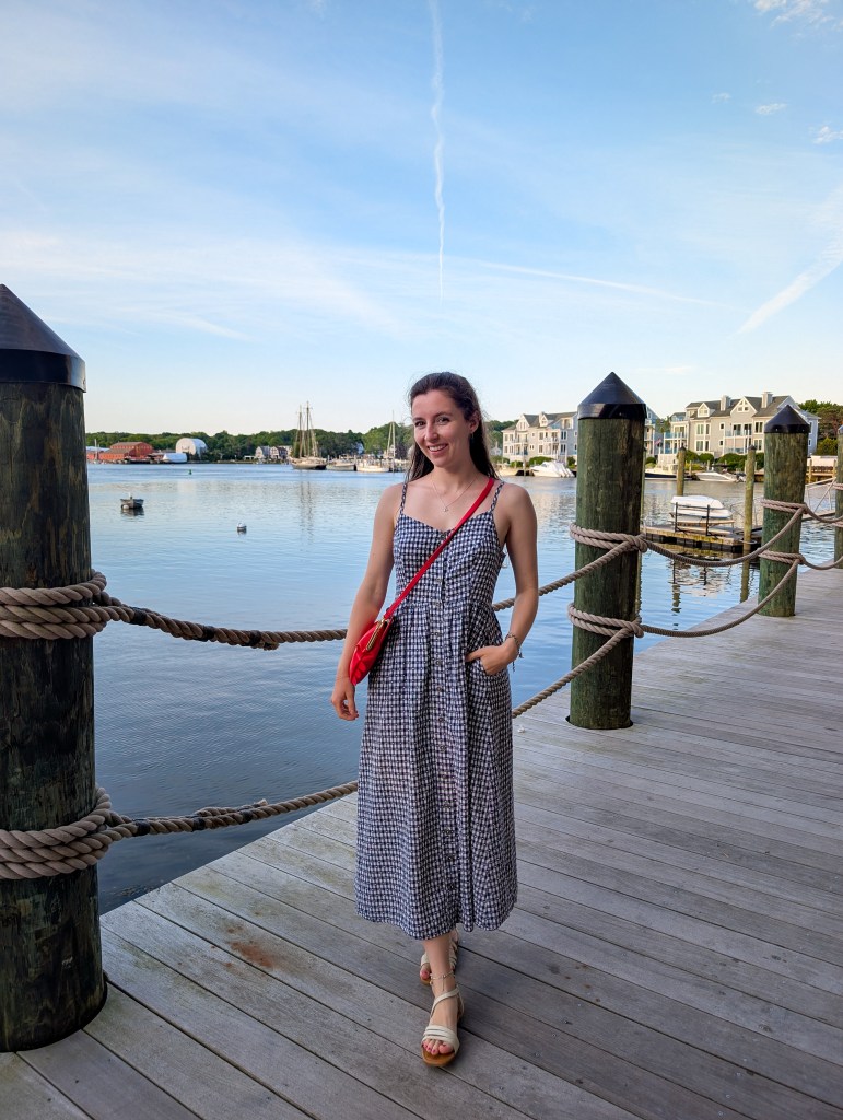 navy gingham maxi dress red purse Mystic, Connecticut month in review