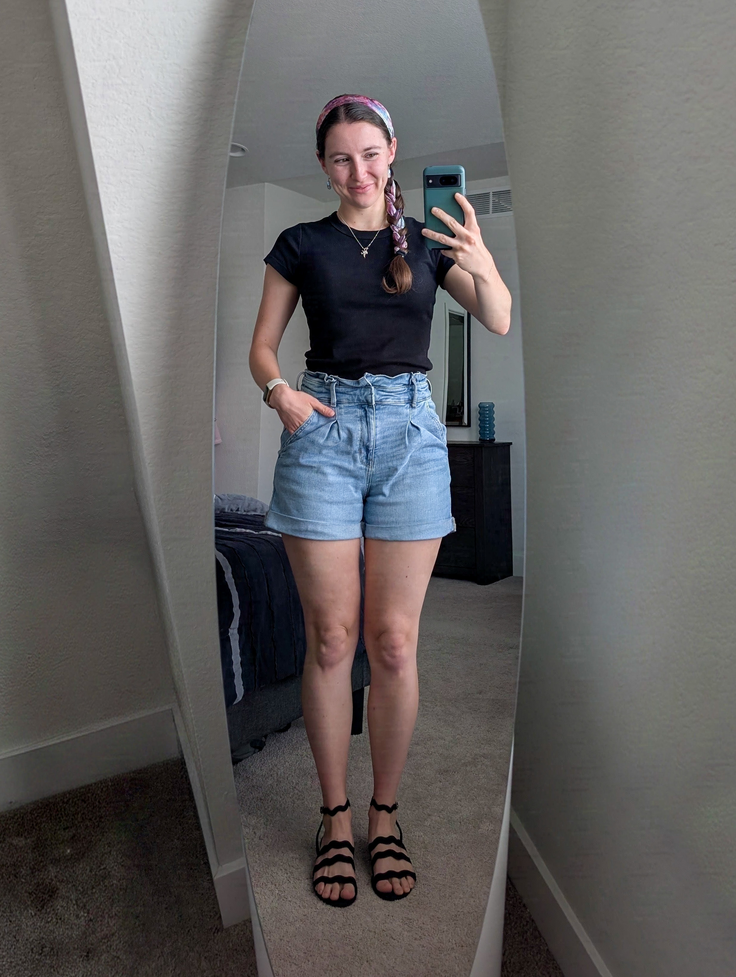 black tee denim paperbag shorts hair scarf