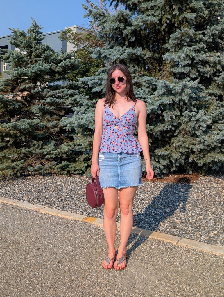 light blue floral top peplum denim skirt brown sandals