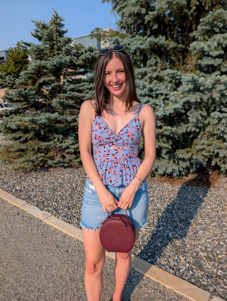 floral peplum top denim skirt maroon circle purse summer style