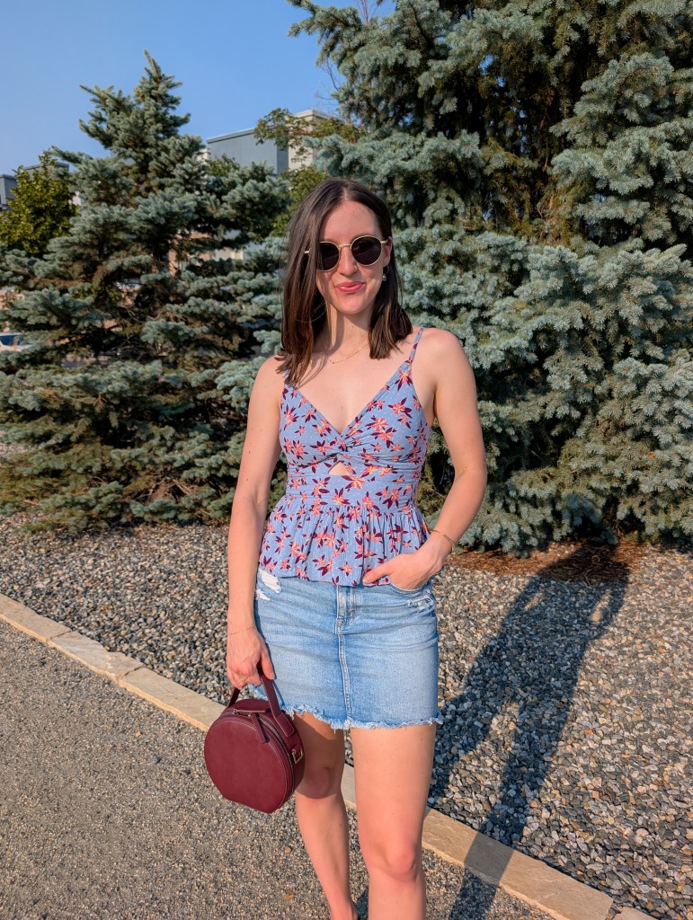 summer haircut long bob light layers peplum top denim skirt