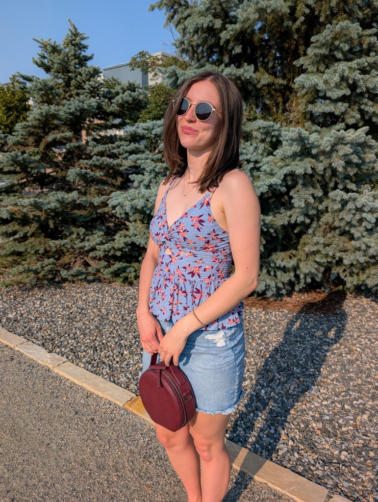 summer fashion transformation haircut blue floral top denim skirt