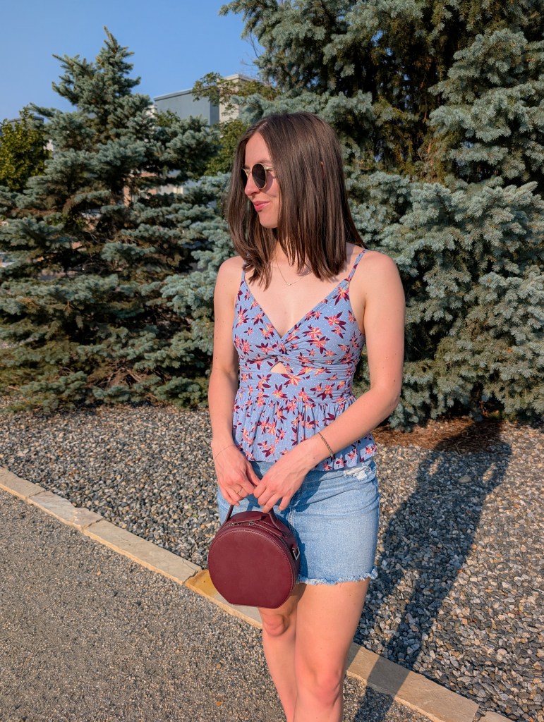 light layers long bob hair cut floral peplum top denim skirt