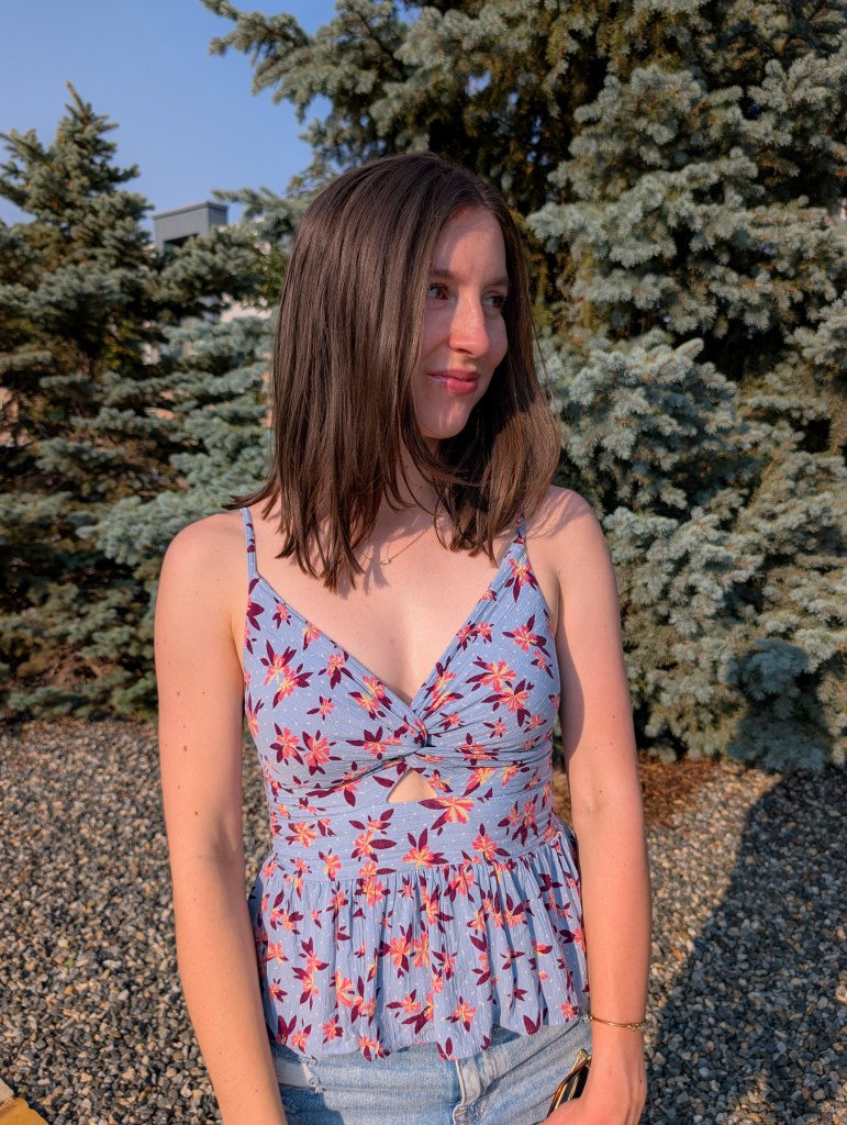 brown hair cut summer transformation long bob floral top