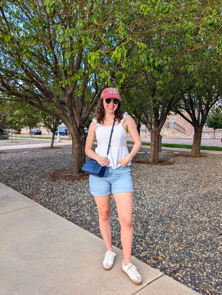 summer style white top blue jean shorts Kate Spade navy purse