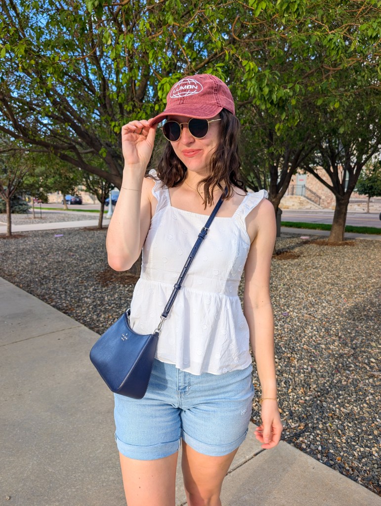 retro sunglasses gold details summer style white polka dot top navy purse JCPenney secondhand fashion